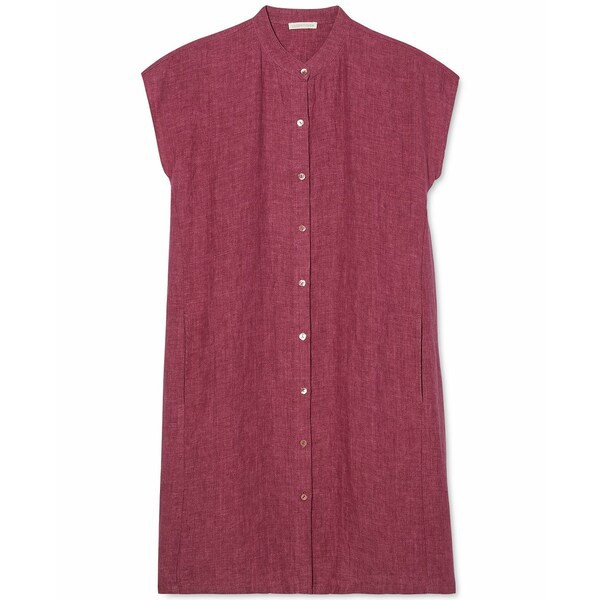 エイリーンフィッシャー レディース カットソー トップス Women's Organic Linen Band-Collar Tunic Shirt Berry