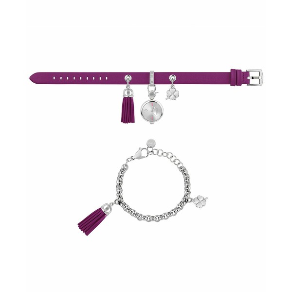 フルラ レディース 腕時計 アクセサリー Women's Stacy White Dial Stainless Steel Chain Calfskin Leather Watch Set Purple