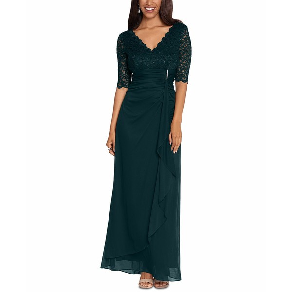 ベッツィ アンド アダム レディース ワンピース トップス Women's Lace-Top Waterfall-Detail Gown Pine