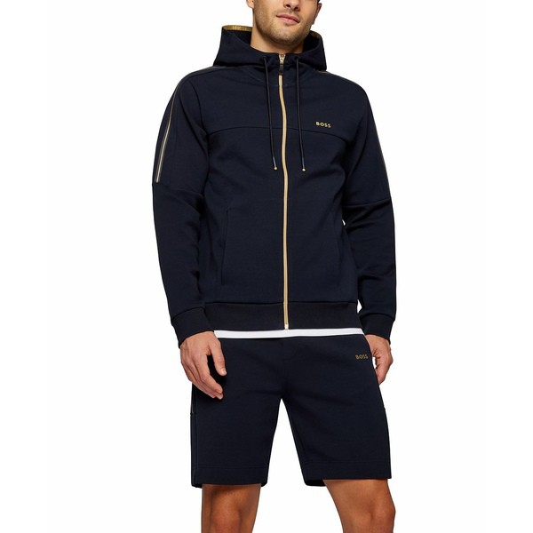 ヒューゴボス メンズ パーカー・スウェットシャツ アウター BOSS Men's Cotton-Blend Zip-Up Hoodie Dark Blue