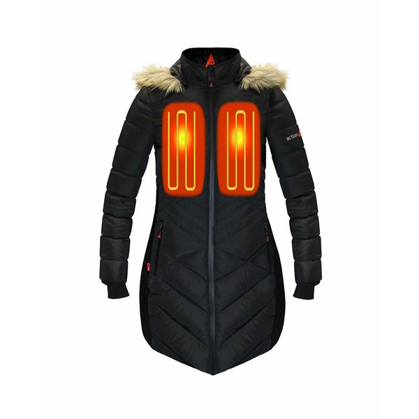 アクションヒート レディース ジャケット＆ブルゾン アウター Women's 5V Battery Heated Long Puffer Jacket with Hood Black