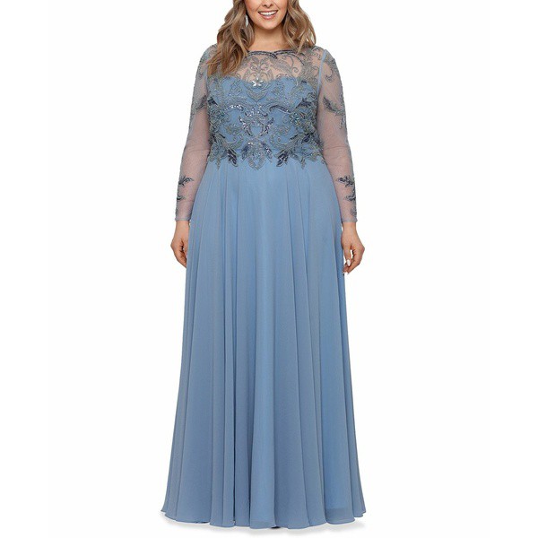 エスケープ レディース ワンピース トップス Plus Size Embellished Illusion Gown Dusty Blue