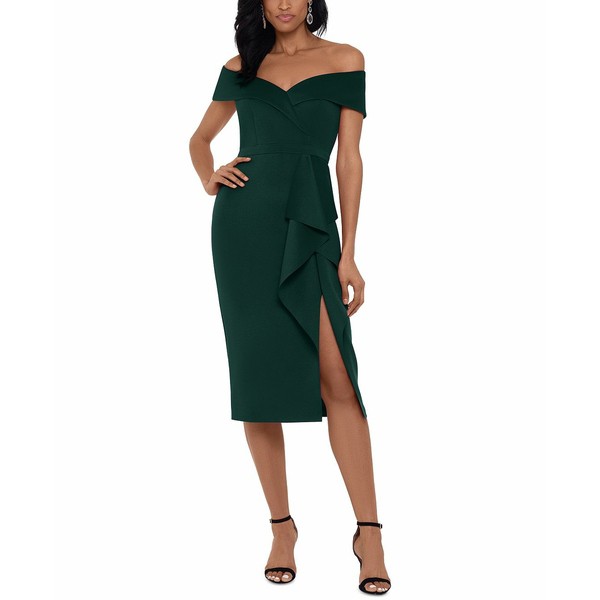 エスケープ レディース ワンピース トップス Petite Waterfall-Ruffle Off-the-Shoulder Gown Hunter Green