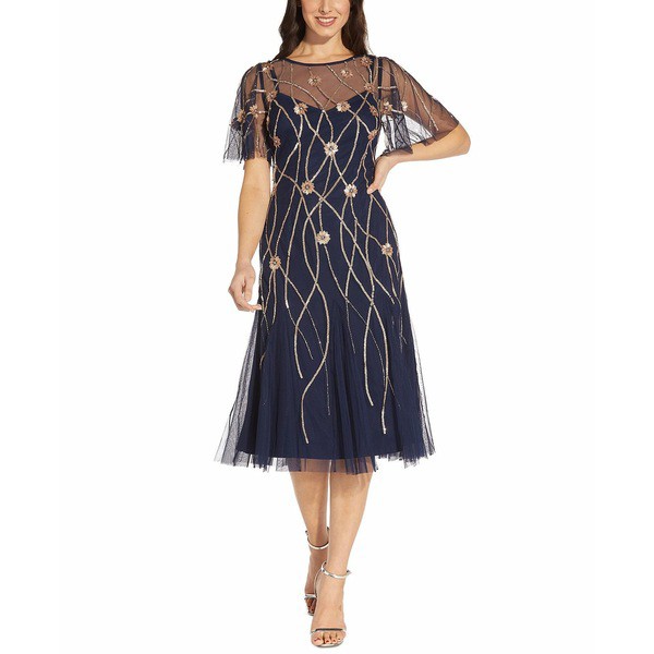 アドリアナ パペル レディース ワンピース トップス Flutter-Sleeve Embellished Party Dress Navy/blush