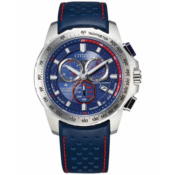 シチズン メンズ 腕時計 アクセサリー Eco-Drive Men's Chronograph Promaster Blue Leather Strap Watch 43mm Silver