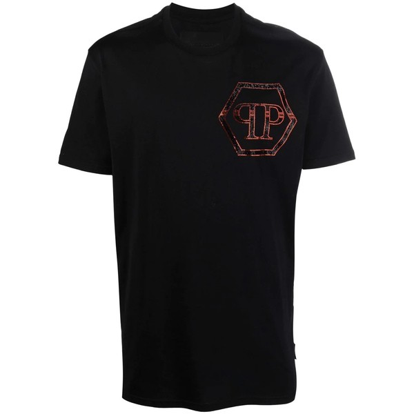 フィリッププレイン メンズ Tシャツ トップス ロゴ Tシャツ 0220 BLACK / ORANGE