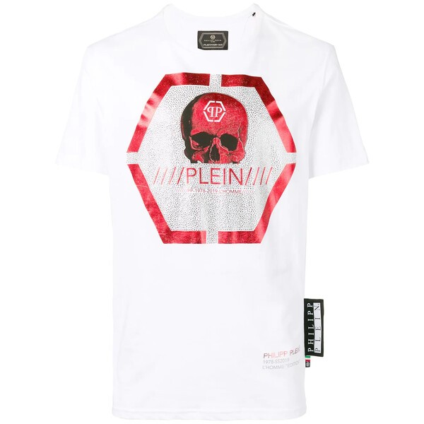 フィリッププレイン メンズ Tシャツ トップス ロゴプリント Tシャツ 0113 WHITE / RED