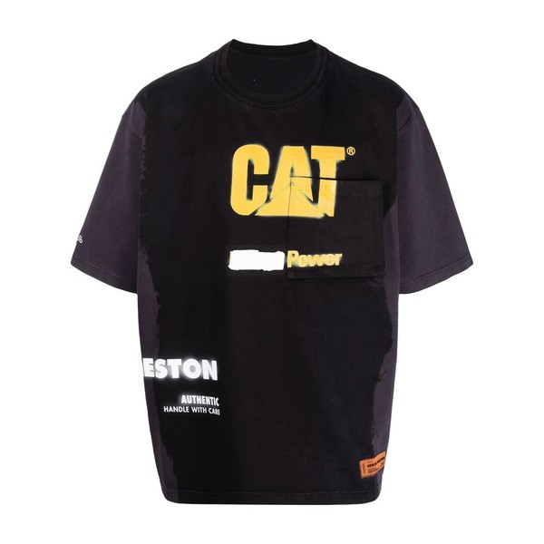 ヘロン プレストン メンズ Tシャツ トップス x Caterpillar ロゴ Tシャツ BLACK YELLOW