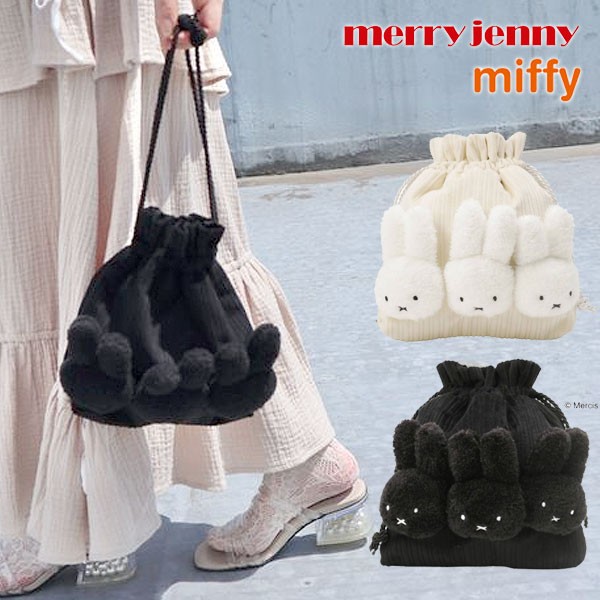 Ruten Japan Instant Delivery Merry Jenny Merry Jenny Mail Order Miffy Wonderful Posch Ladies Pochette Mini Bag Drawstring Bag Bag Back Miffy Miffy Character Coduroy Drawstring Bag Cute White Black Present