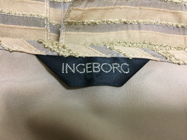 インゲボルグ INGEBORG ワンピース サイズ11 M レディース 美品 ベージュ×カーキ ボーダー/ラメ/刺繍【中古】 インゲボルグ INGEBORG ワンピース サイズ11 M レディース 美品 ベージュ×カーキ ボーダー/ラメ/刺繍【中古】