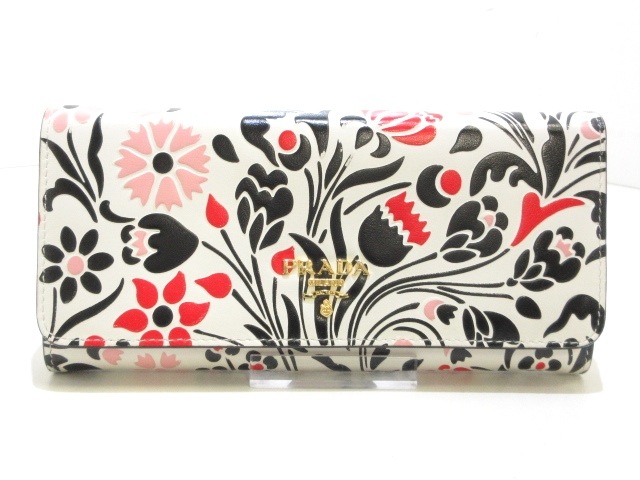 プラダ Prada 長財布 レディース 1mh132 白 黒 マルチ 花柄 レザー 中古 10