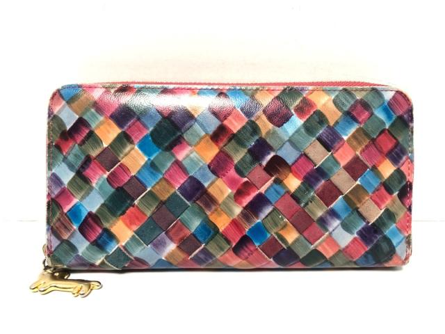 ツモリチサトキャリー 長財布 レディース レッド ブルー マルチ ラウンドファスナー 編み込み レザー スエード 中古