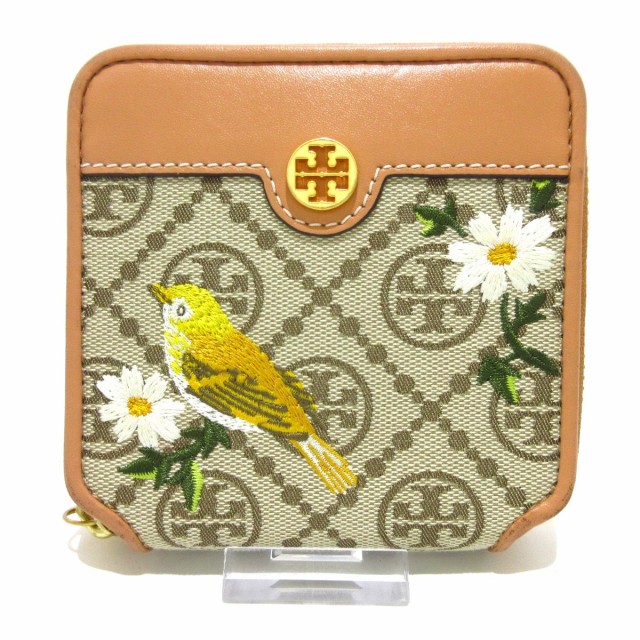 トリーバーチ TORY BURCH 2つ折り財布 レディース - ライトブラウン×イエロー×マルチ ラウンドファスナー/鳥/花/刺繍【】20220513