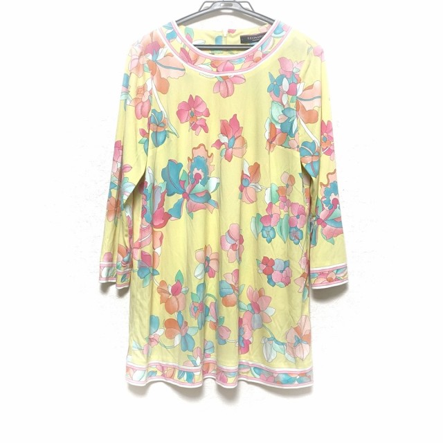 激安ブランド レディース L サイズ42 ワンピース Leonard レオナール 美品 クルーネック 長袖 ミニ 花柄 中古 イエロー ブルー マルチ その他ワンピース Www Efirst Ae