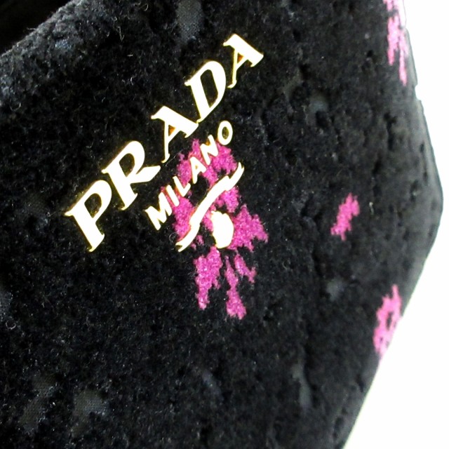 プラダ PRADA ハンドバッグ レディース 美品 CANAPA 1BA038 黒×ピンク 花柄/ミニサイズ ベロア【中古】20210612の
