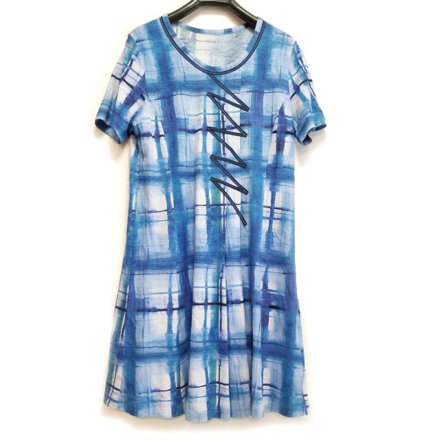 半額品 ヒロコビス Hiroko Bis ワンピース サイズ11 M レディース ブルー ライトブルー マルチ クルーネック 半袖 ひざ丈 最先端 Carlavista Com