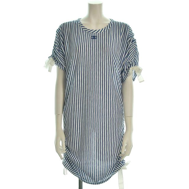 特別送料無料 シャネル Chanel ワンピース サイズ38 M レディース 美品 P ブルー 白 半袖 ひざ丈 ストライプ リボン ギャザー ランキング1位獲得 Www C3forexacademy Com