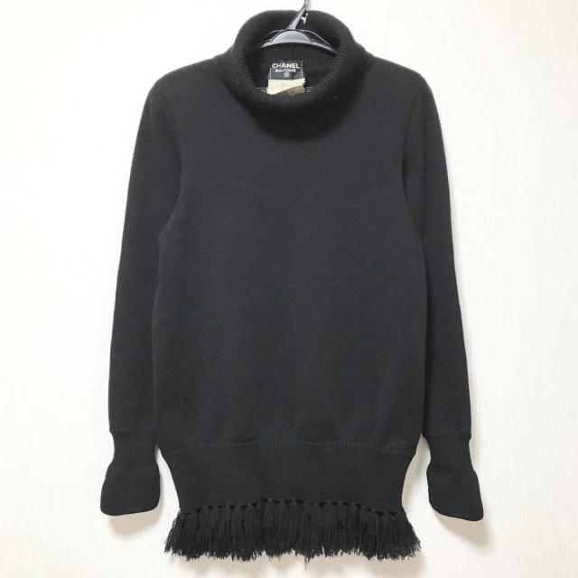正規品販売 シャネル Chanel タートルネック 長袖 ひざ丈 ニット 肩パッド フリンジ 中古 2103 黒 レディース M サイズ38 ワンピース その他ワンピース Everest Travel De