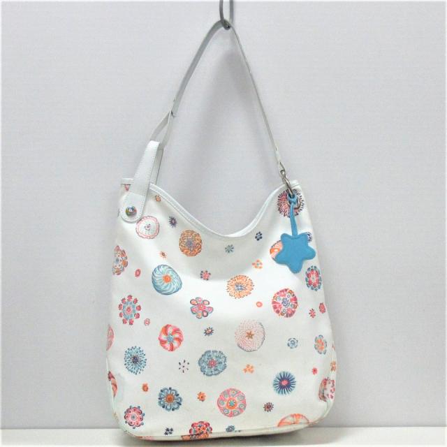 交換無料 ロンシャン Longchamp ショルダーバッグ レディース 白 オレンジ マルチ 花柄 コットン レザー 数量は多 Carlavista Com