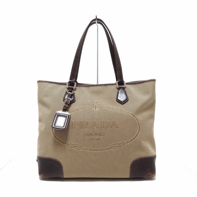 プラダ PRADA トートバッグ レディース ロゴジャガード ベージュ×ダークブラウン 革タグ ジャガード×レザー【中古】20220419