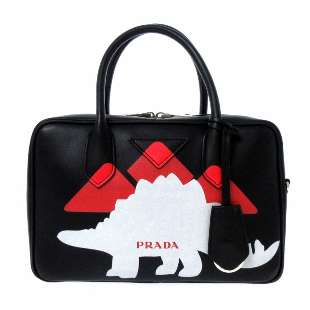 プラダ PRADA ハンドバッグ レディース 美品 - 1BB049 黒×白×レッド 恐竜 レザー【中古】20220528