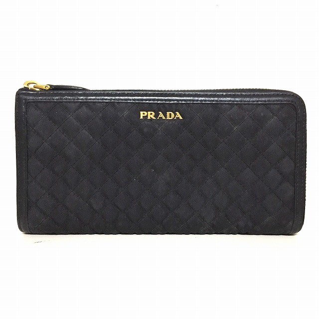 プラダ PRADA 長財布 レディース - 黒 キルティング/ラウンドファスナー ナイロン×レザー【中古】20220705