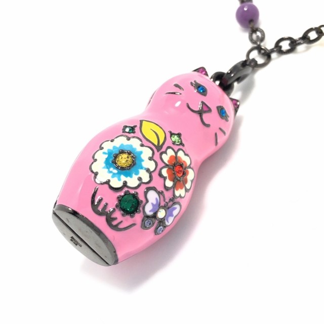 アナスイ ANNA SUI ネックレス レディース - 金属素材×カラーストーン シルバー×ピンク×マルチ ネコ/フラワー(花)【中古】20220707