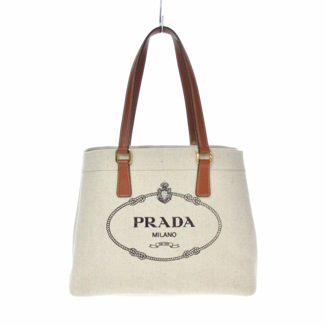 プラダ PRADA トートバッグ レディース 美品 - 1BG356 アイボリー×ブラウン キャンバス×レザー【中古】20220522