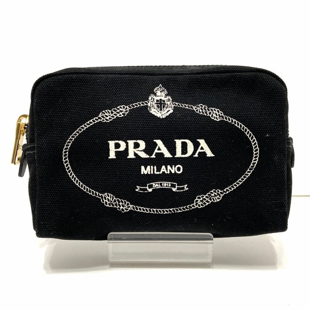 プラダ PRADA ポーチ レディース 美品 - 1NA021 黒×アイボリー キャンバス【中古】20220705