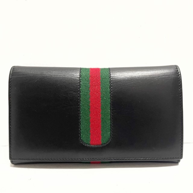 グッチ GUCCI 長財布 レディース シェリー(ウェブ) 黒×グリーン×レッド がま口 レザー【中古】20220707