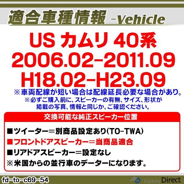 限定品お得 fd-to-c69wf54 カプラーON トレードイン( 車 スピーカー トレーの通販はau PAY マーケット - ファクトリーダイレクトJAPAN|商品ロットナン US CAMRY カムリ(40系 2006.02-2011.09 H18.02-H23.09) トヨタ 6x9インチ 数量限定人気