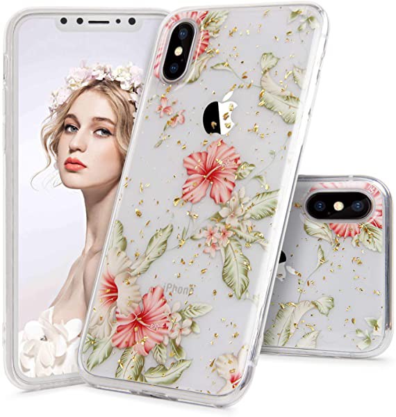 Iphonexs Max ケース 花柄 美しい花 かわいい シリコン ストラップ穴付き 金箔パウダー 半透明