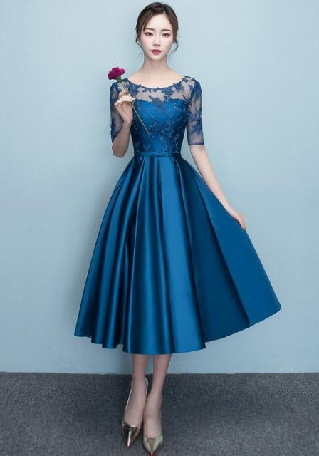 パーティードレス 結婚式 袖あり 二次会 ドレス ウェディングドレス ミモレ丈 二次会 花嫁 披露宴 お呼ばれ/ブライズメイドドレスの通販はWowma!