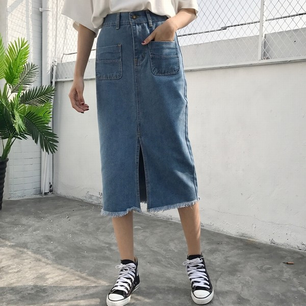 デニム スカート ひざ下 長め カジュアル ストリート フリンジ
