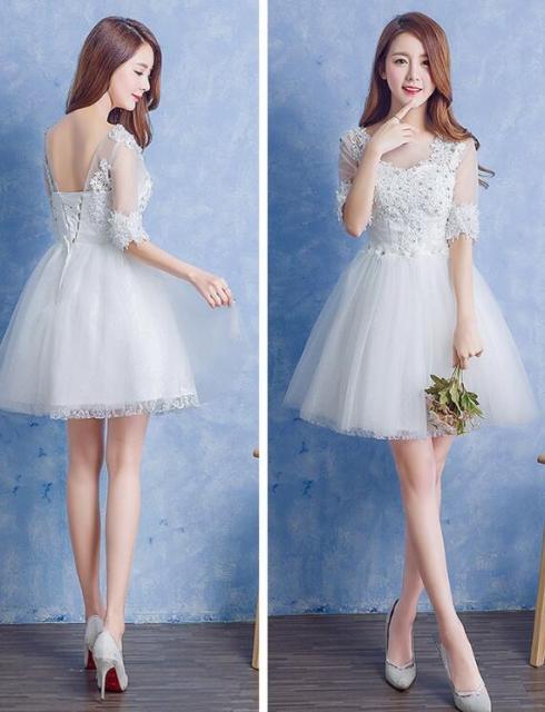 袖ありショート丈ドレス 演奏会 パーティードレス 結婚式 二次会 花嫁ドレス ウエディングドレスドレス 編み上げドレス ミニドレスの通販はau Wowma ワウマ ヒナギクファッション 商品ロットナンバー