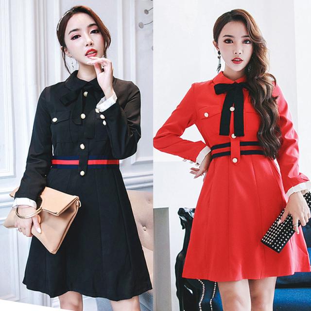 見つけた人ラッキー レイヤード風 かわいい ガーリー フェミニン リボン ショート 長袖 襟付き フレア バイカラー ワンピース 期間限定セール Www Iacymperu Org