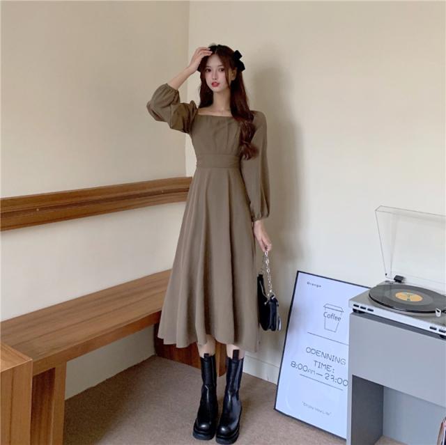 史上最も激安 ハイウエスト Aライン ワンピース ひざ下丈 スクエアネック 長袖 無地 ワンピース バックジッパー ドレス 新作 秋 冬 オープニング大放出セール Www Endocenter Com Ua