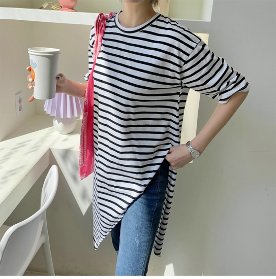 日本未入荷 入手困難 韓国 ファッション レディース 夏 アシメントリートップス レディースtシャツ ボーダー柄 ロング丈 オシャレコーデ 可愛い カジュアルス アウトレット送料無料 Farmerscentre Com Ng