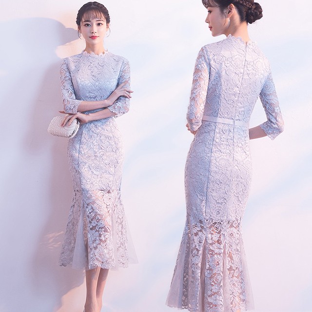 [一部即納] 結婚式 お呼ばれドレス 総レース 袖あり ワンピースドレス マーメイド シースルー 大きいサイズ 3L 4L 韓国パーティー