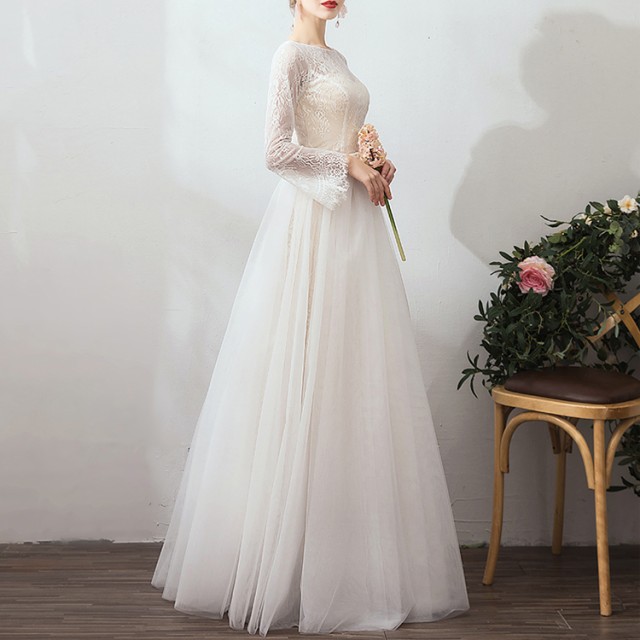 ウェディングドレス 大きいサイズ ウェディングドレス 袖あり 長袖 ウェディングドレス 白 二次会 花嫁 刺繍 レース ベールスカートの通販は