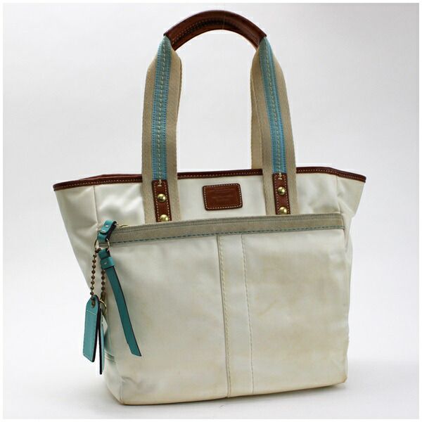 コーチ トートバッグ 肩掛け ナイロン レザー ホワイト 中古 Bランク Coach レディース 女性用 軽量 軽い 通勤 通