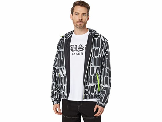 (取寄) ジャスト カヴァリ アイデンティティ ロゴ プリント ナイロン ボンバー Just Cavalli Idenity Logo Print Nylon Bomber Black/Wh