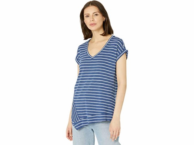 (取寄) ニックゾー ストライプド ショート スリーブ Vネック アシンメトリカル ティー NIC+ZOE Striped Short Sleeve V-Neck Asymmetric