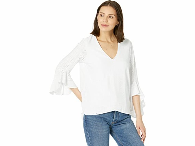 (取寄) ヴィンスカムート フラッター スリーブ Vネック アイレット トップ Vince Camuto Flutter Sleeve V-Neck Eyelet Top Ultra White