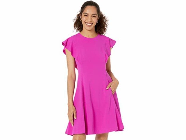 (取寄) ダナキャランニューヨーク ラッフル スリーブ フィットアンドフレア ドレス DKNY Ruffle Sleeve Fit-and-Flare Dress Flamingo