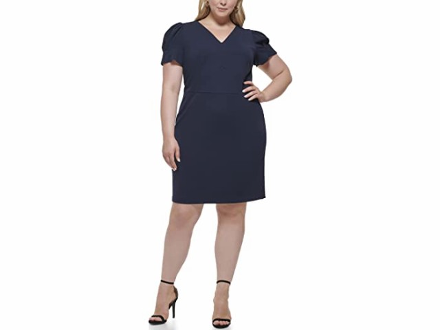 (取寄) ダナキャランニューヨーク プラス サイズ Vネック パフ スリーブ ドレス DKNY Plus Size V-Neck Puff Sleeve Dress Midnight