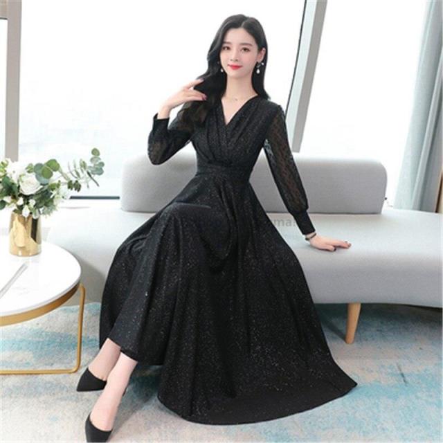クリアランス レディースファッション ソリッドドレス韓国語バージョンファッション新しい女性のファッションエレガントな長袖v襟ドレスシックな長いセ わけあり並の激安価格 Www Iacymperu Org
