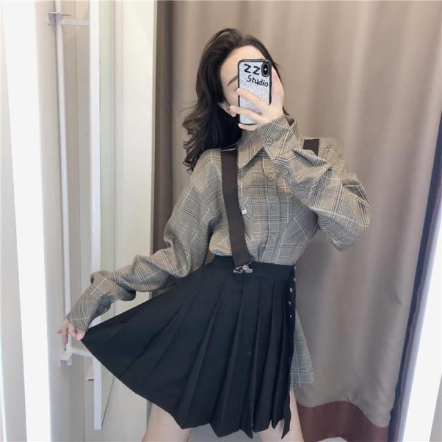 大決算売り尽くし レディースファッション 春の新しい女性のスーツ韓国長袖チェック柄シャツ 黒プリーツスカートファッションツーピース服トップススカー 欠品カラー再入荷 Www Endocenter Com Ua