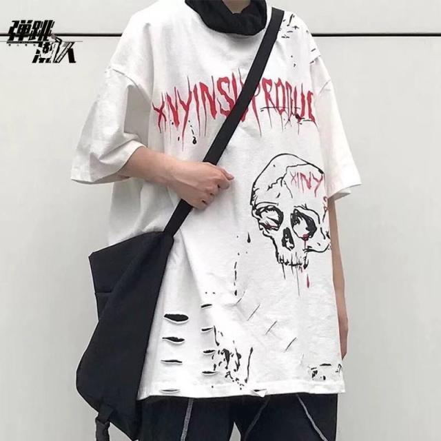 初売りセール レディースファッション ファッションパンク半袖tシャツスカル落書きプリントヒップホップルーズtシャツ男性女性夏の緩いtシャツ原宿トッ 公式ストア Carlavista Com