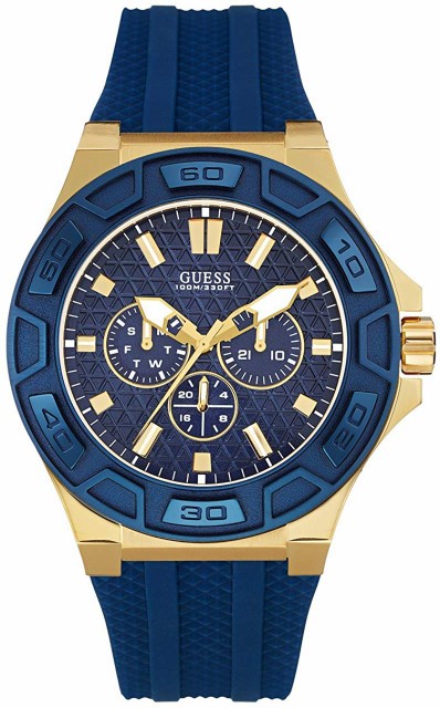 本物の Gold Tone Iconic Comfortable Guess Guess ゲス 腕時計 Blue Date Day With Watch Silicone Resistant Stain 腕時計メンズ Taller Fdp Com